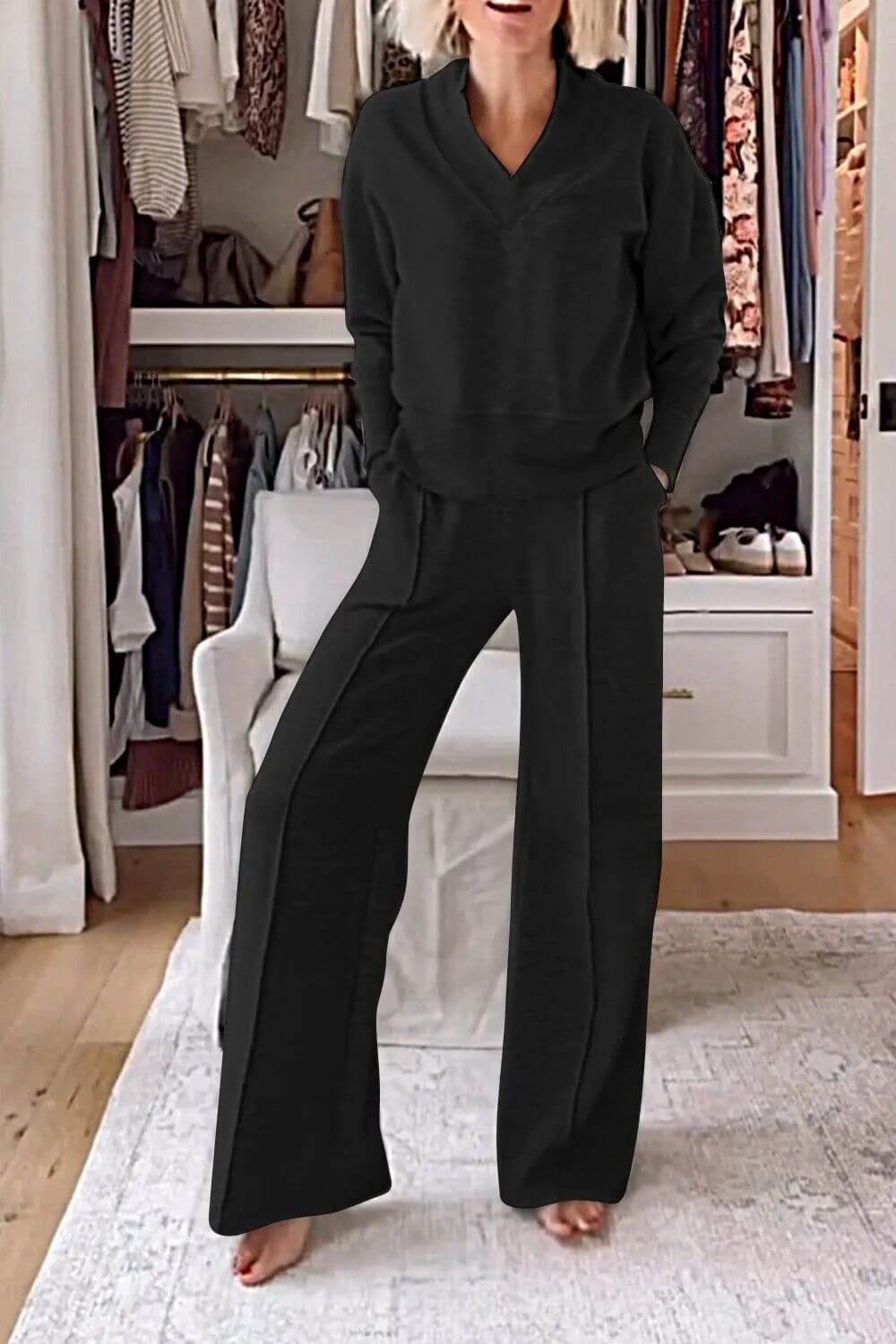 Women’s 2-Piece Lounge Set – Soft V-Neck Top & Wide-Leg Pants