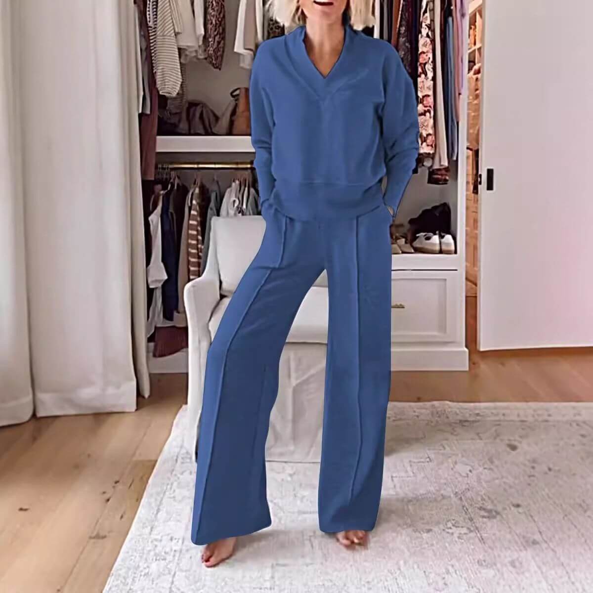 Women’s 2-Piece Lounge Set – Soft V-Neck Top & Wide-Leg Pants