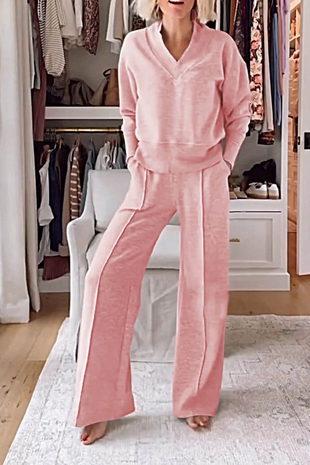 Women’s 2-Piece Lounge Set – Soft V-Neck Top & Wide-Leg Pants