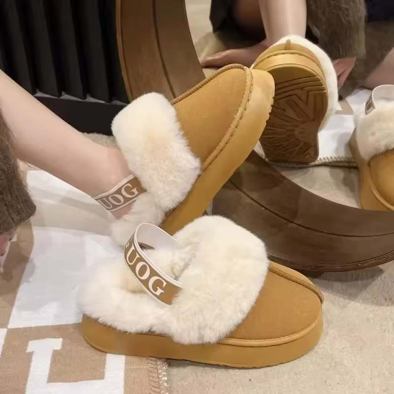 Casual Home Suede Fur Warm Slingback Slippers