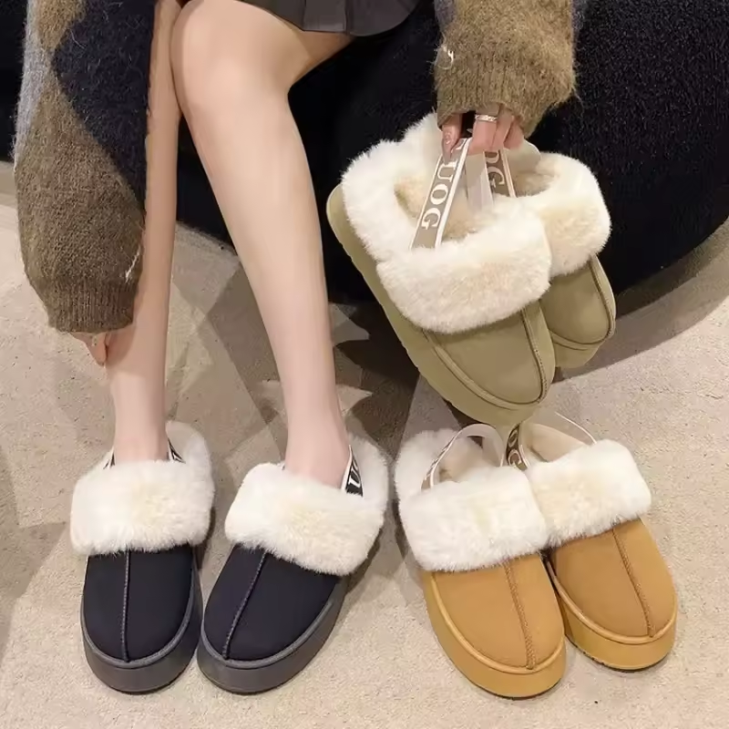 Casual Home Suede Fur Warm Slingback Slippers