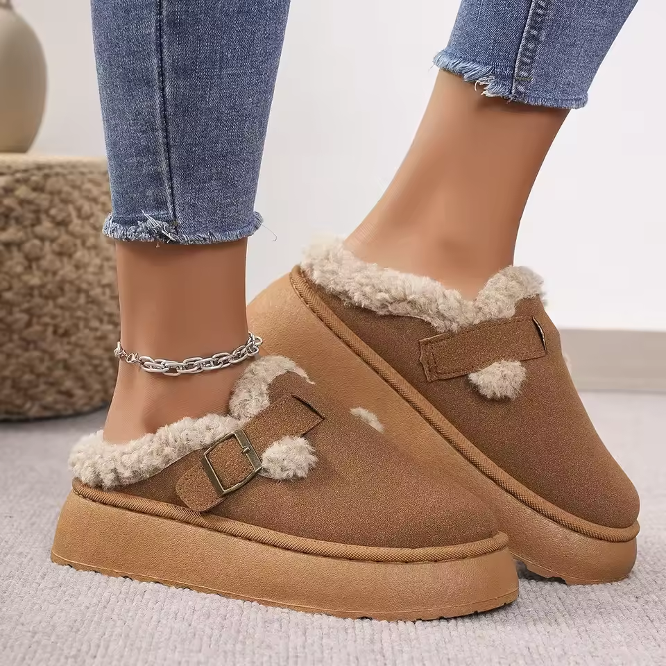 Winter Plush Buckle Warm Cotton Slippers